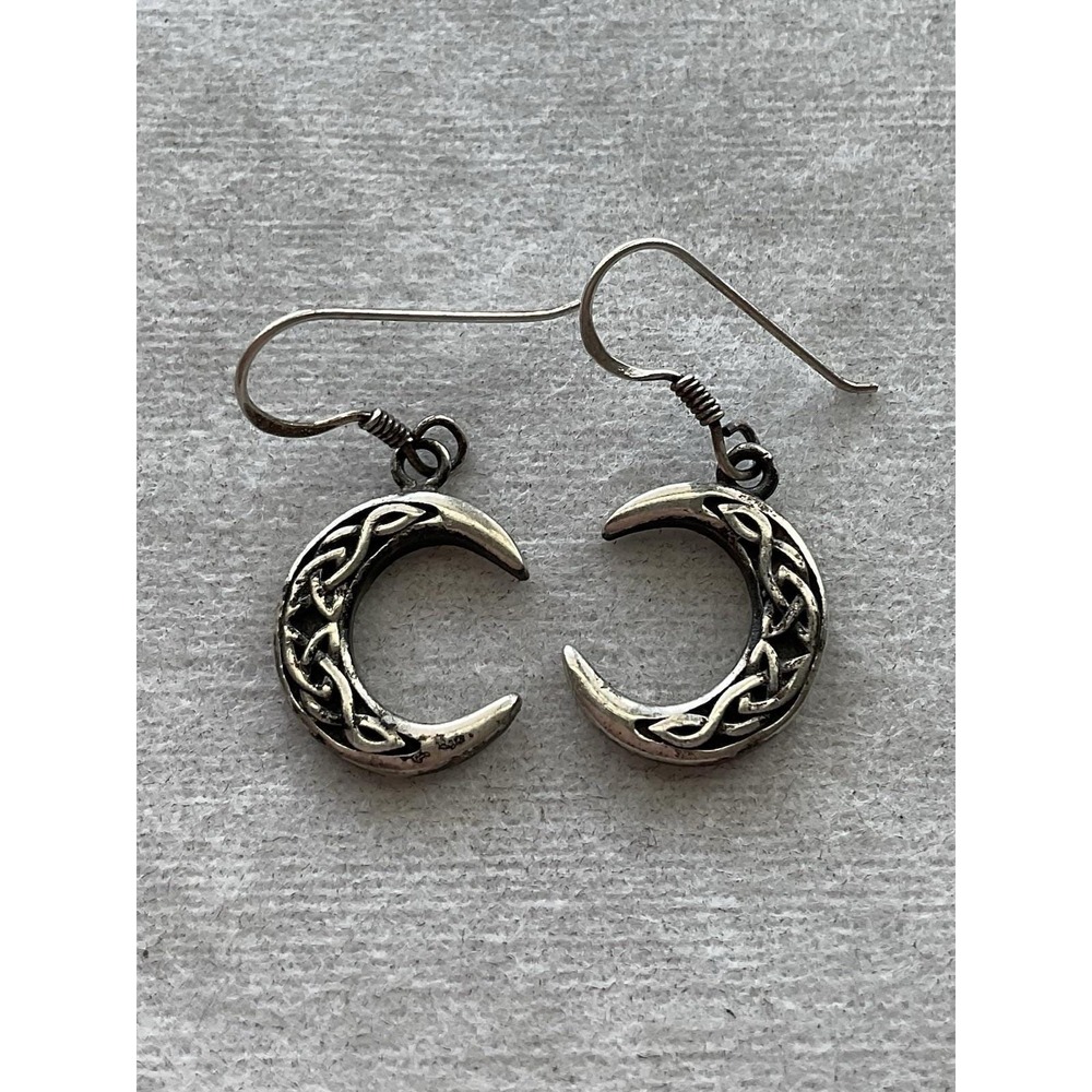 Vintage Sterling Silver Celtic knot crescent moon dangle Earrings Estate Jewelry